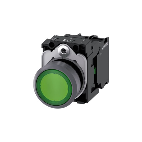 BOTON PULSADOR ILUMINADO VERDE 22MM 1NA LED INTEGRADO 24V AC/DC METALICO